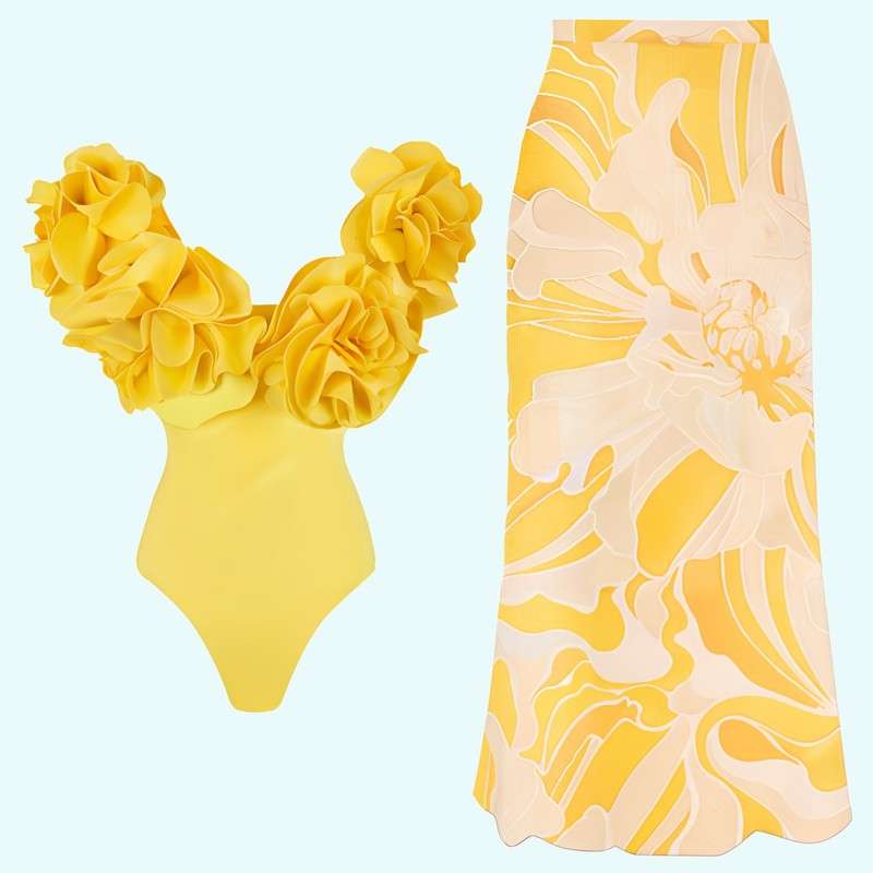 Traje de banho de conjunto de alto padrão de flor tridimensional