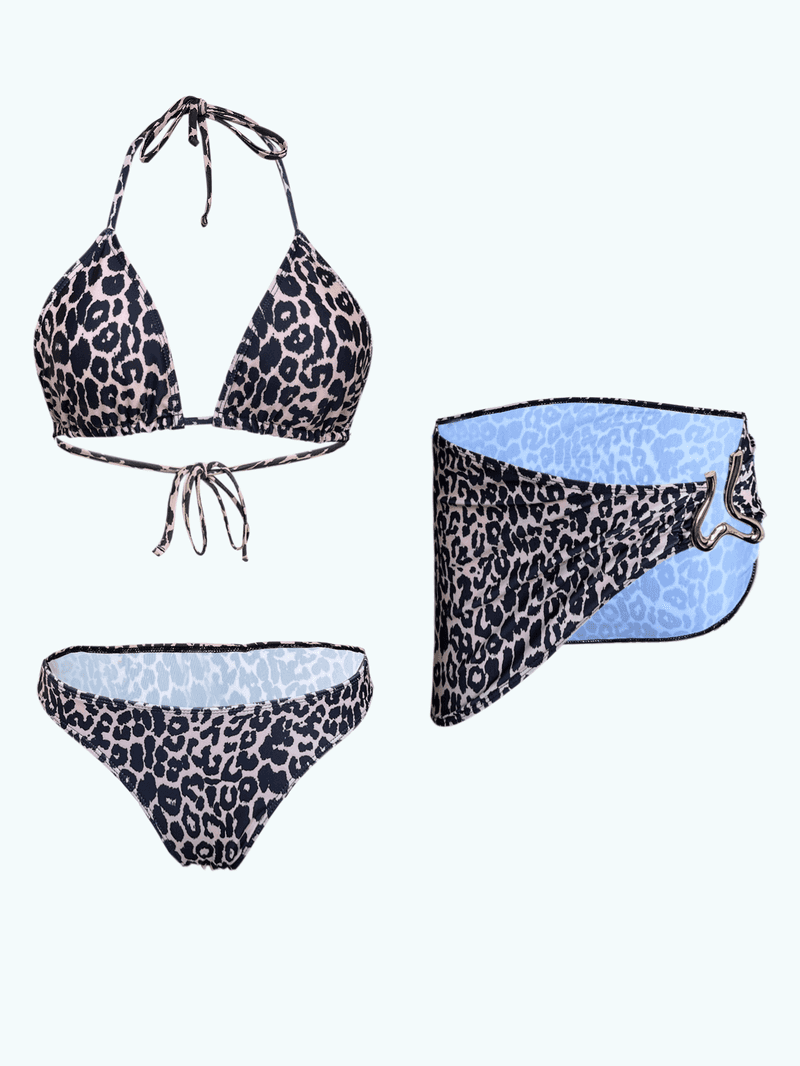 Roupa de banho de três peças com estampa de leopardo