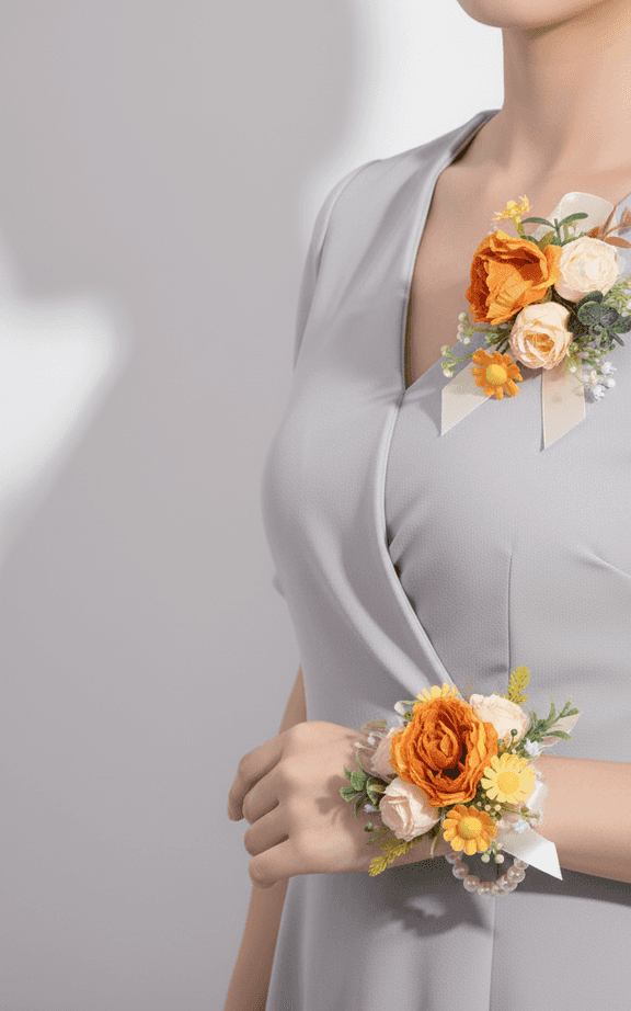 Conjunto de corsage e boutonnière de rosa empoeirada com pulseira de pérolas e detalhes de frutas vermelhas para eventos semi-formais