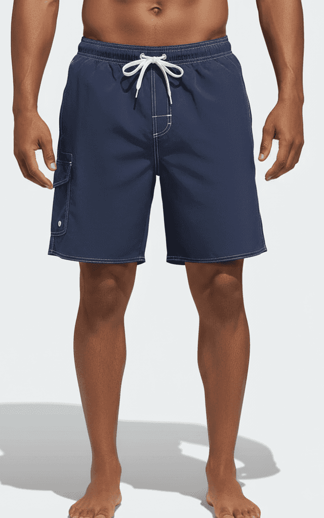 Short de banho masculino, estampa floral tropical em verde menta e vermelho.