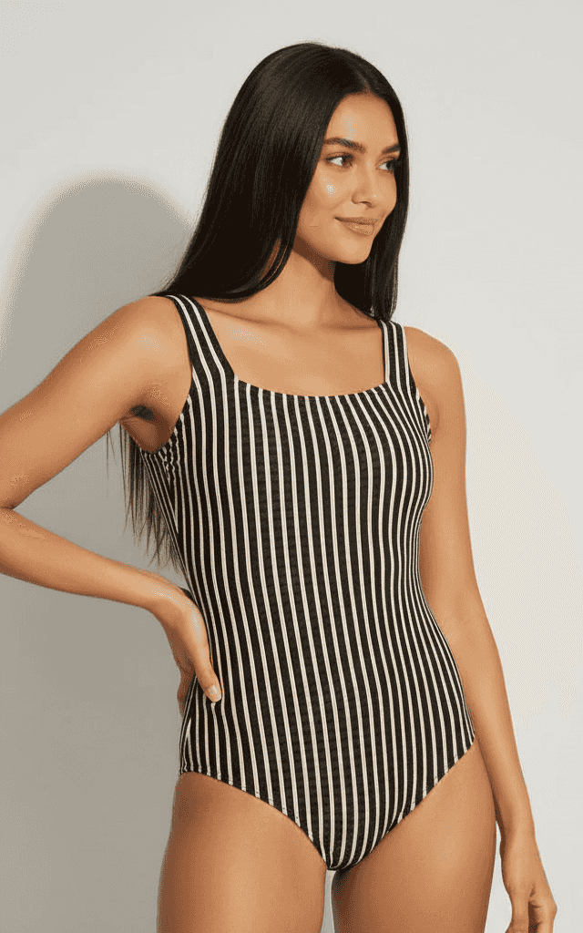 Maillot de decote quadrado com riscas verticais pretas e creme com alças grossas e estilo retro