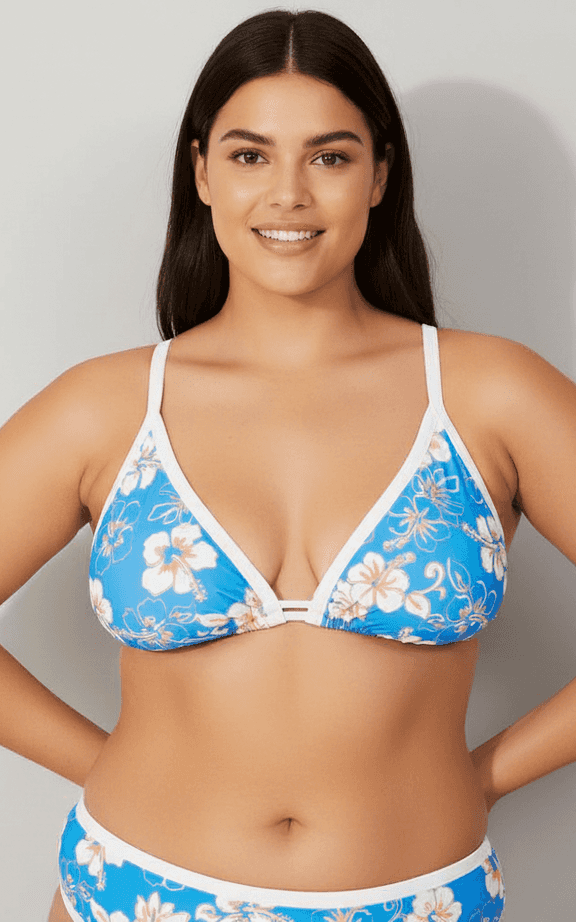 Conjunto de Roupa de Banho Tamanhos Grandes Top Triângulo Decote em V Estampado Hibisco Tropical Azul e Parte Inferior Acabamento Contrastante.