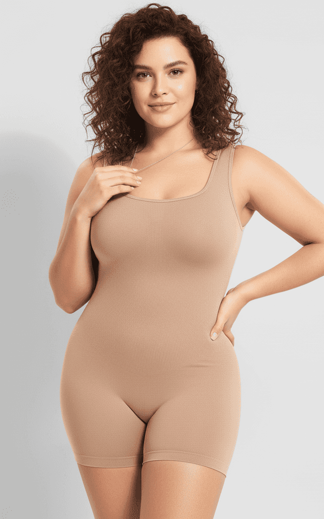 Macacão shapewear nude sem costura com decote quadrado para camada base e modelagem do corpo