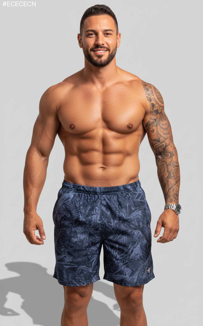 Boardshorts com bronzeamento penetrante masculino com estampa sombra marinho.