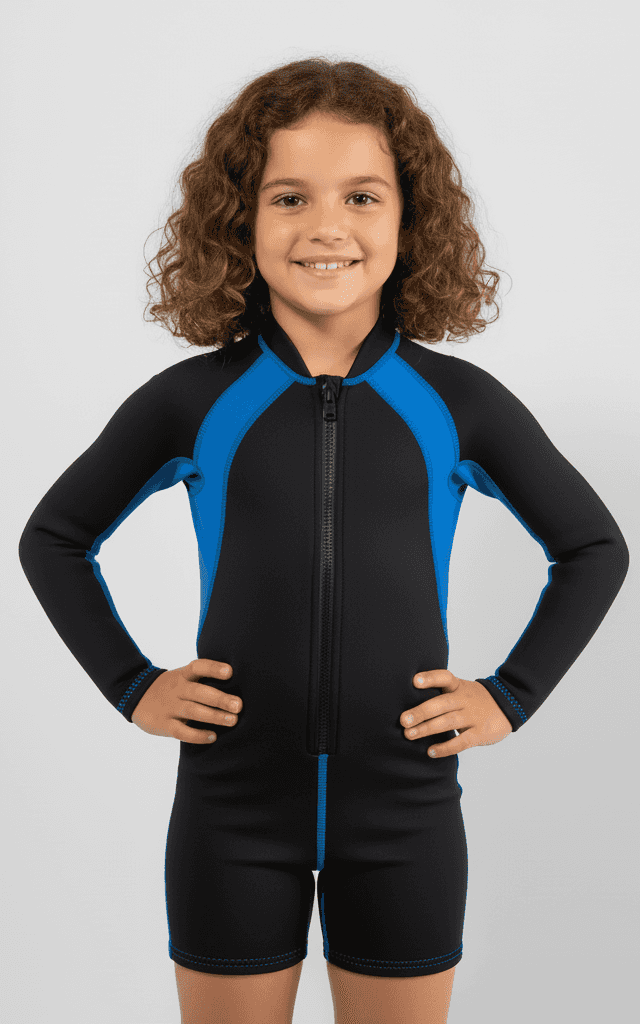 Traje de neoprene shorty infantil, preto e azul manga longa com zíper frontal, para natação e brincadeiras na praia