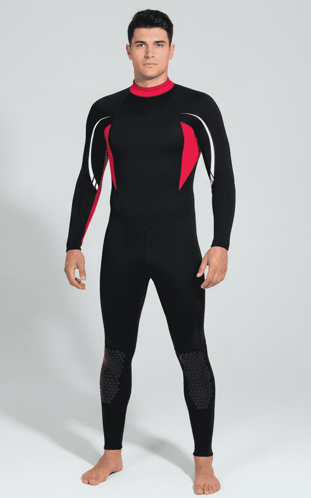 Traje de neoprene completo masculino, preto com painéis atléticos vermelhos e brancos e joelheiras duráveis
